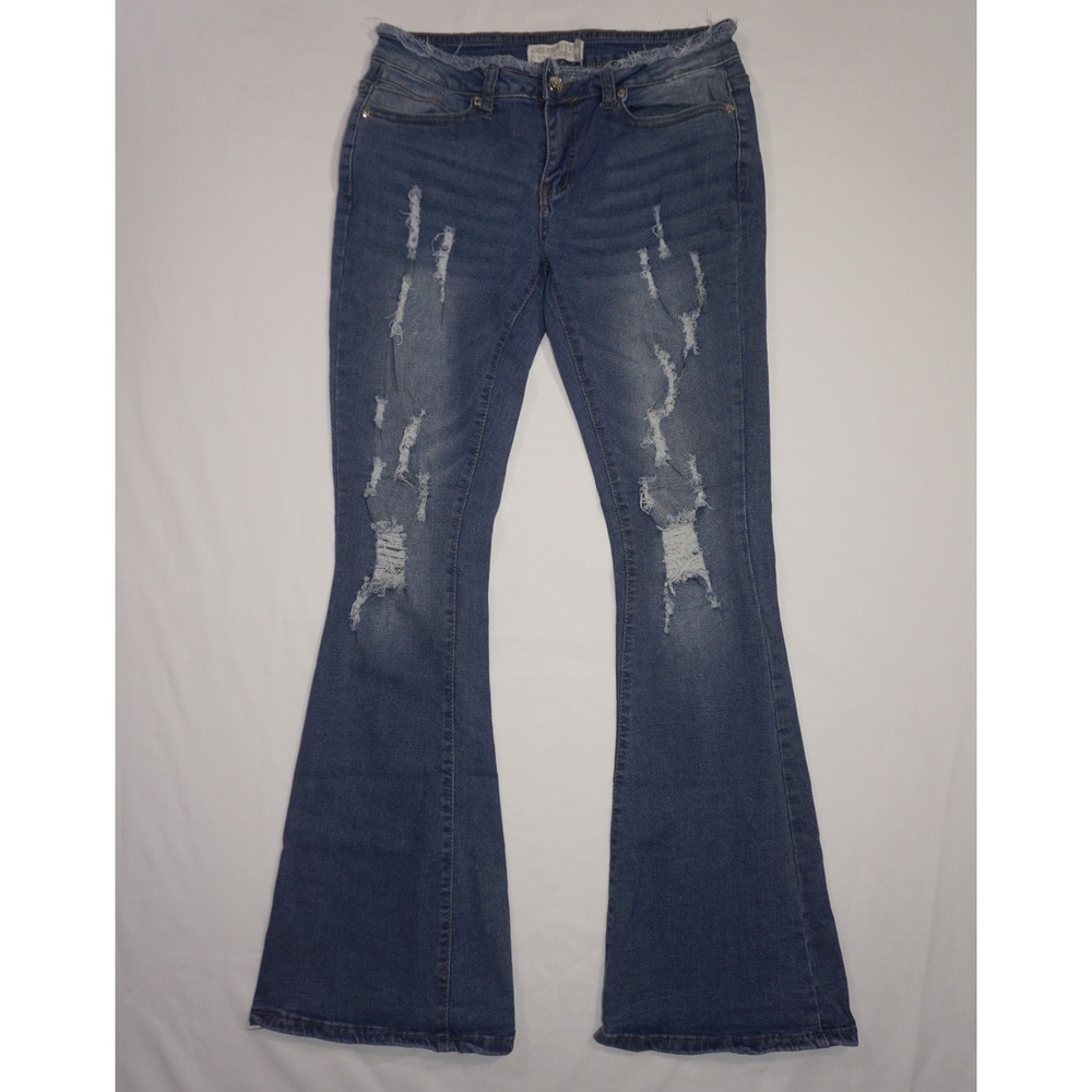 Celebrity Ace Size 7/28 Blue Distressed Denim Flare Jeans Raw Hem